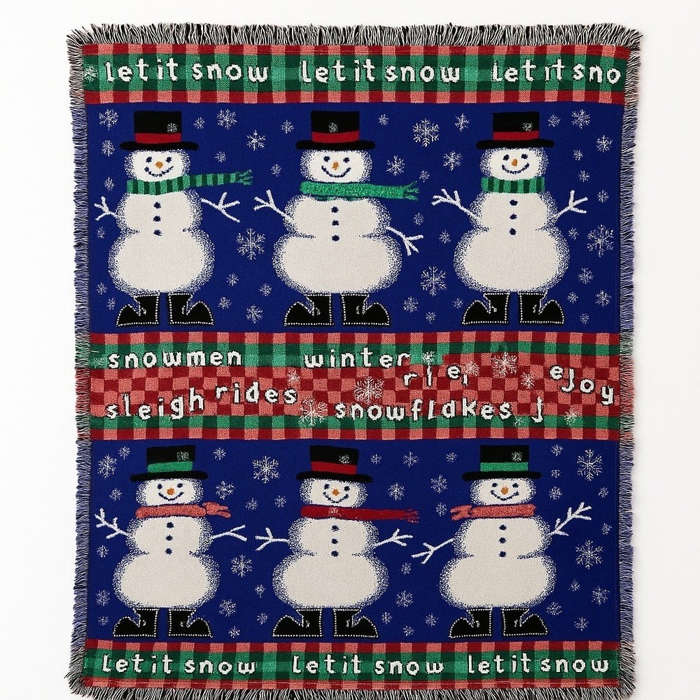 Let It‎ Snow Snowman Throw Blanket Winter Plaid Fringe 48x50 Christmas Décor